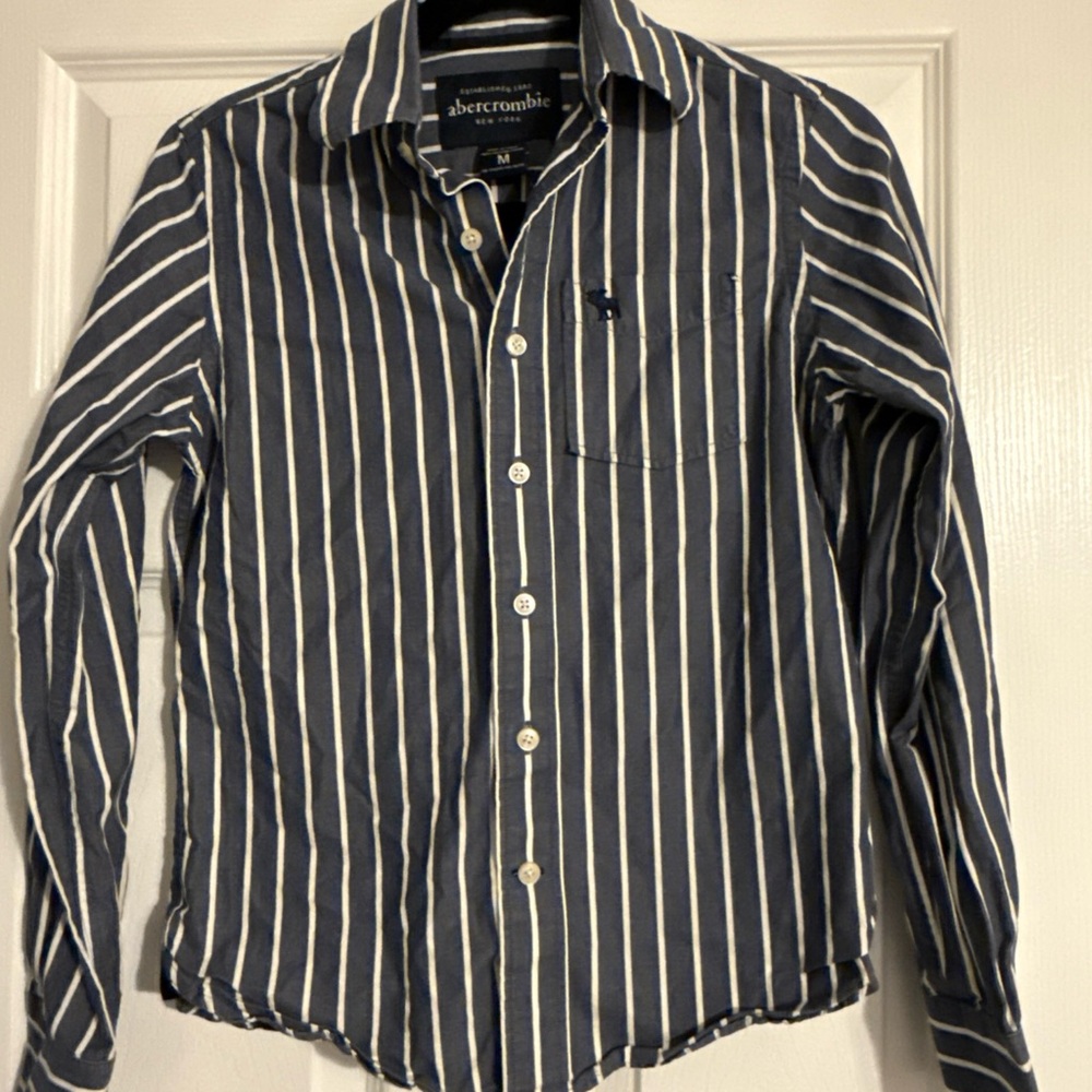 Abercrombie Kids Navy and White Striped Button Down Shirt - Y2K - M